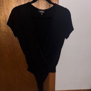 Lulu's Black Wrap Bodysuit with Short Sleeves